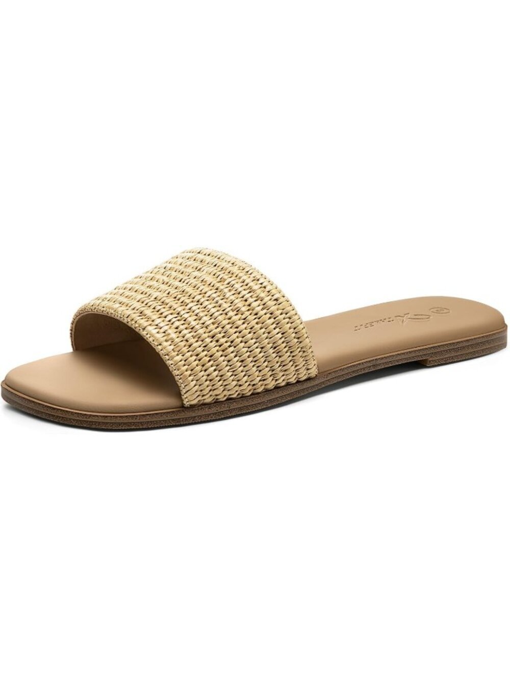 Women's Tan Raffia Summer Flat Sandals Comfortable Square Toe Slip On Slides